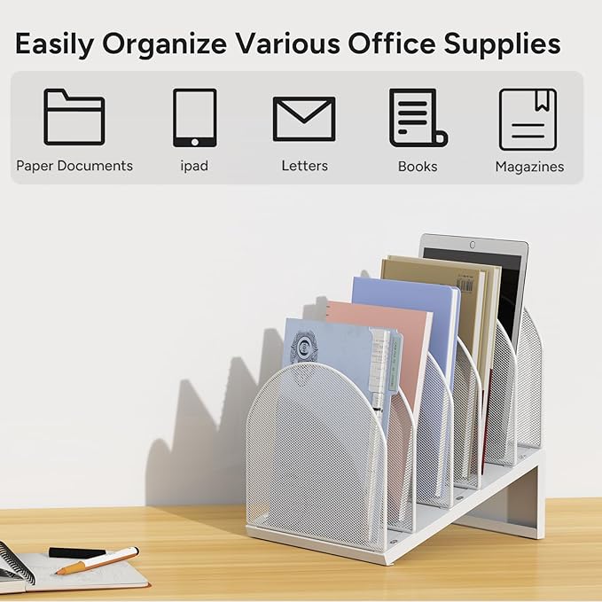5-Section Desk File Organizer, Metal Mesh Folder Organizer for Documents, Mail & Office Papers (White)