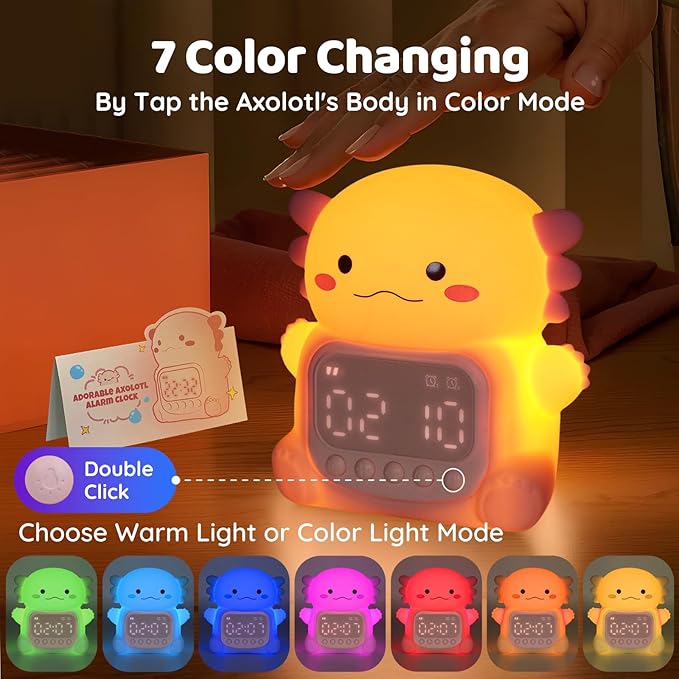 Axolotl Alarm Clock with Night Light for Kids, Rechargeable Silicone Lamp Time to Wake Clock,Cute Animal Tabletop Lamp, Perfect Sleep Companion for Boys Girls