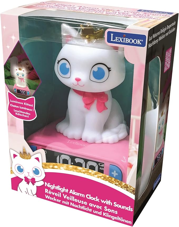 LEXiBOOK - Kitten Digital Alarm Clock for Kids with Night Light Snooze, Childrens Clock, Luminous Cat, White and Pink Colours - RL800KT