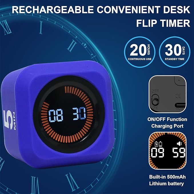 Rotating Cube Visual Timer 5, 25, 10 50 Minutes Preset + Custom Countdown, Rechargeable Desk Productivity Flip Timer with Detachable Silicone Cover for ADHD Study Work Kitchen School (Black)