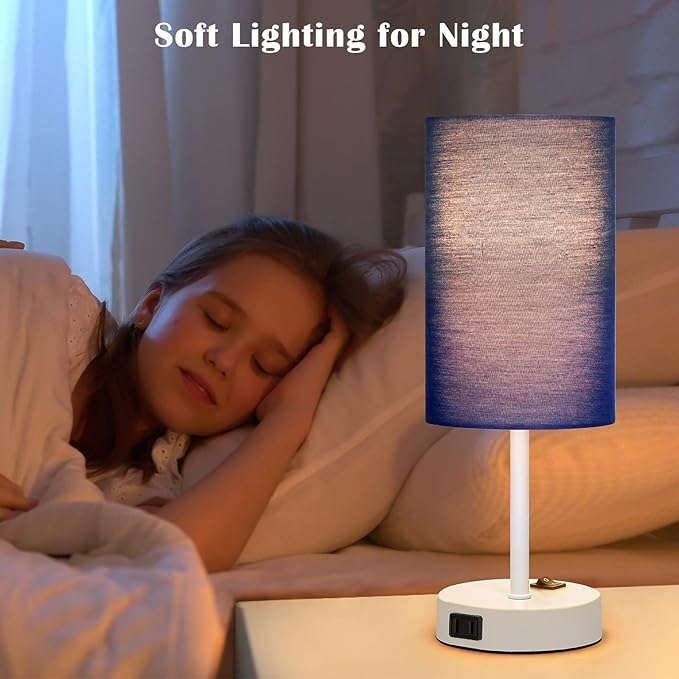 ZJOJO Table Lamp for Bedroom Set of 2, Bedside Small Lamps with 3 Way Dimmable Rocker Switch and AC Outlet, Nightstand Desk Lamp with Blue Fabric Shade White Base for Living Room Home Decor Lights