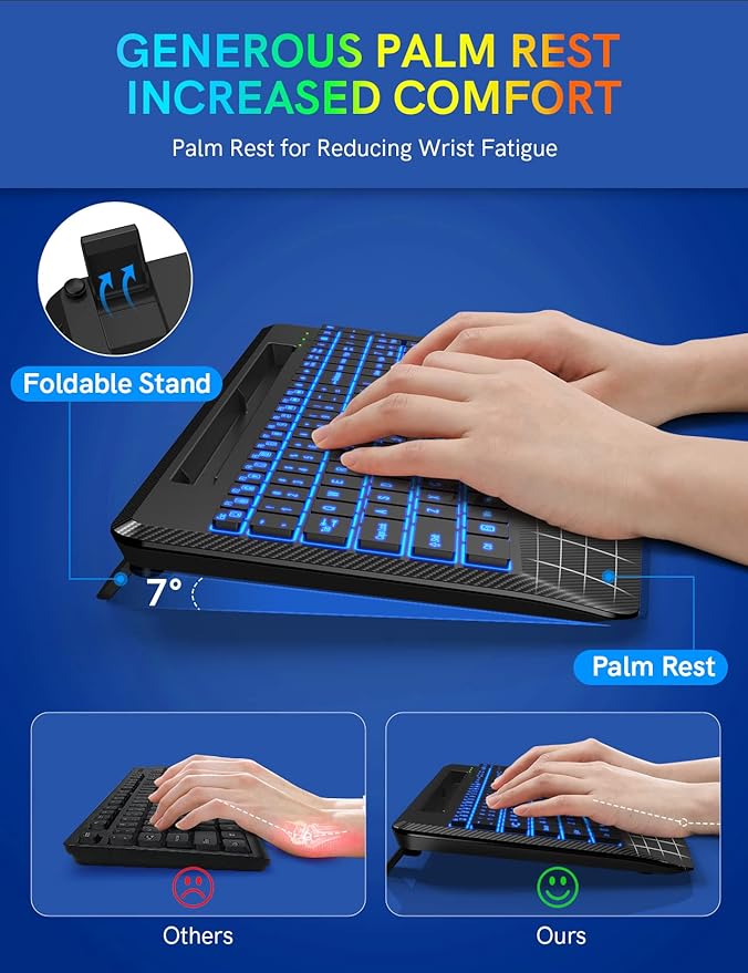 Wireless Keyboard with 7 Colored Backlits, Wrist Rest, Phone Holder, Rechargeable Ergonomic Computer Keyboard with Silent Keys, Full Size Lighted Keyboard for Windows, MacBook, PC, Laptop (Black)