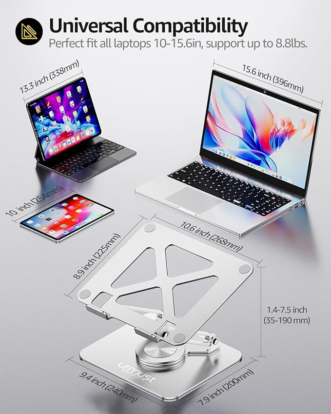 Urmust Laptop Stand for Desk with 360 Rotating Base, Ergonomic Adjustable Laptop Riser for Laptops 10 to 16 Inches