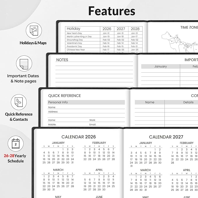 SUNEE 2026 Pocket Weekly Planner for Purse 3.5" x 6" - 12 Month (January 2026 - December 2026), Small Size Planner, Hardcover, Notes, Pocket, 100 GSM Paper, Black