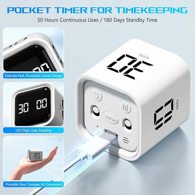 Cube Pomodoro Timer, Smart Productivity Timer 5/10/30/60 Minutes & Custom Countdown, Pause & Resume, Adjustable & Silent Visual Timer, Portable Rotation Multi Desk Timer for Study Task Work Kitchen