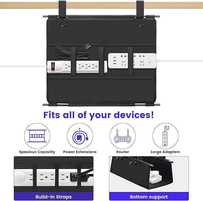Under Desk Cable Management Tray, Clamp-On Cord Organizer,No Drilling Required, Holds Up to 22 lbs, for Cords, Routers, Power Strips (Black, 28.4inch)