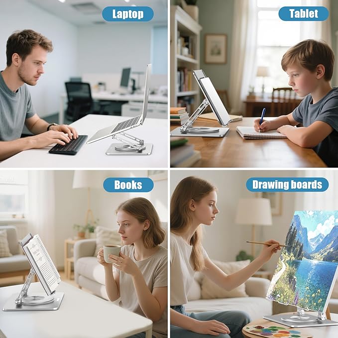 360° Swivel Laptop Stand - 2.5mm Heavy-Duty Aerospace Aluminum, Adjustable Height & Angle, Sturdy Yet Lightweight,Ergonomic Desk Mount for 10-17" MacBook/Dell/HP,Silver