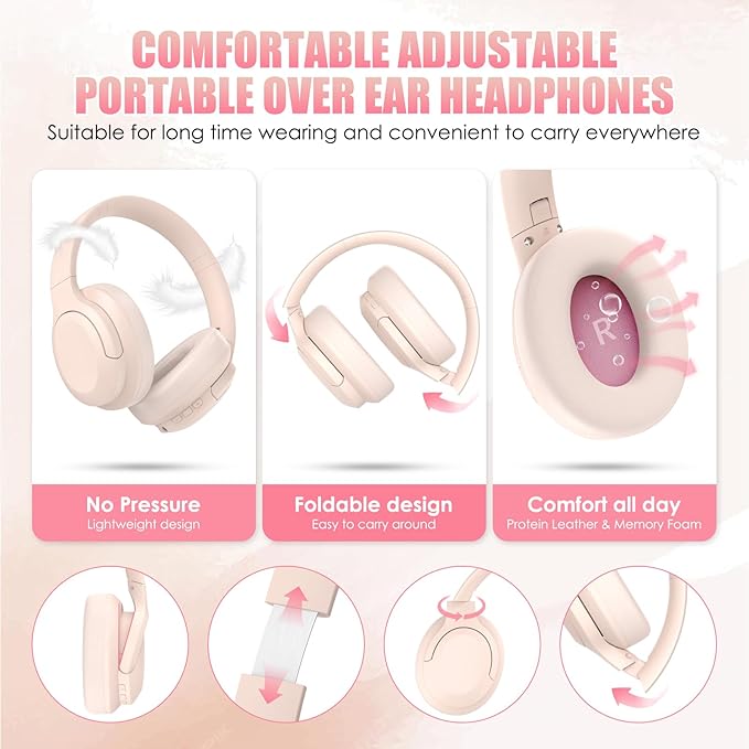 Active Noise Cancelling Headphones, Wireless Over Ear Bluetooth Headphones,100H Play Time Bluetooth Headphone with Microphone,Lightweight and Foldable Comfortable Deep Bass for Work/Gym Pink