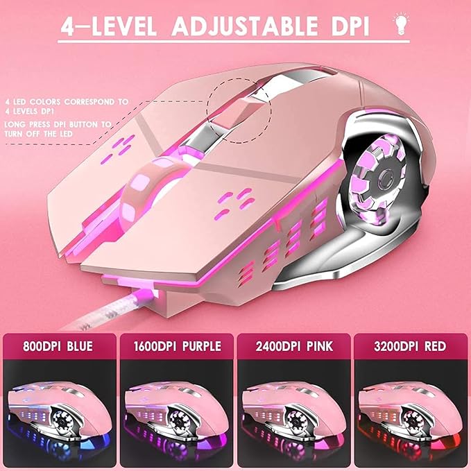 Basaltech Mechanical Gaming Keyboard and Mouse Combo, Retro Steampunk Vintage Typewriter-Style Keyboard with LED Backlit, 104-Key Anti-Ghosting Blue Switch Wired USB Metal Panel Round Keycaps, Pink
