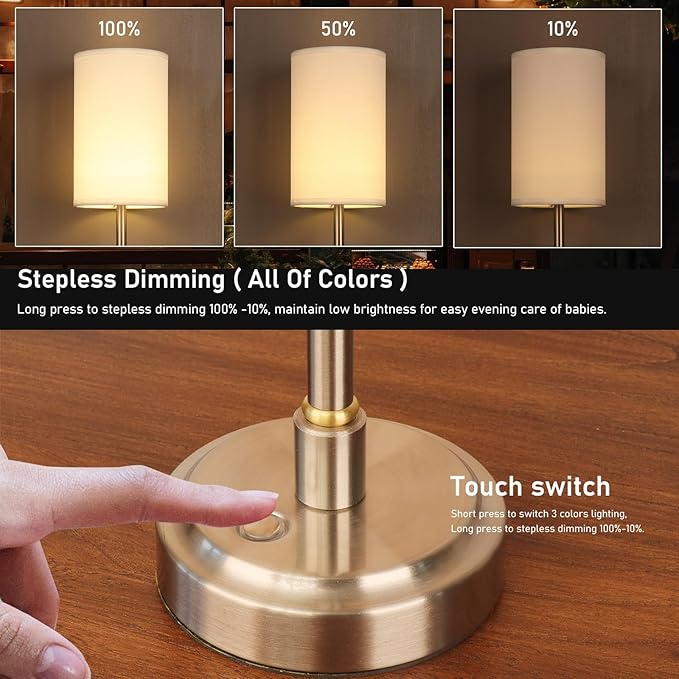 Small Cordless Touch Lamps for Nightstand Lamp Battery Operated Rechargeable Lamp, Portable 3 Colors Stepless Dimmable Fabric Shade Night Light for Restaurant/Bedroom/Outdoor (White+Nickel)