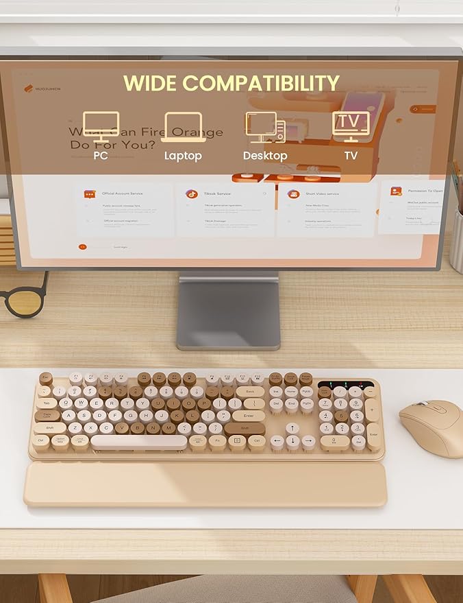 Wireless Keyboard and Mouse Combo - Cute Typewriter Keyboard with Detachable Wrist Rest, Retro Round Keycaps, Foldable Legs, 2.4GHz Full-Size Keyboard for PC, Laptop, Mac, Windows - Trueque (Latte)