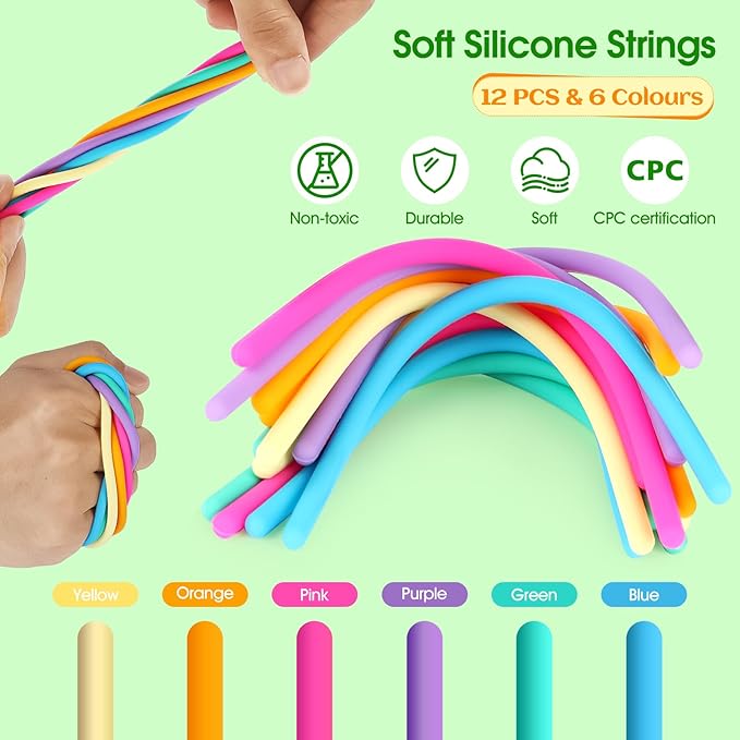 Sensory Activity Board Silicone Fidget Toy, Double-Sided Rainbow Sensory Toys for Autism, Stress, Anxiety, ADHD, Kids 3+& Adults, Includes Travel Bag & 12 Strings, Green