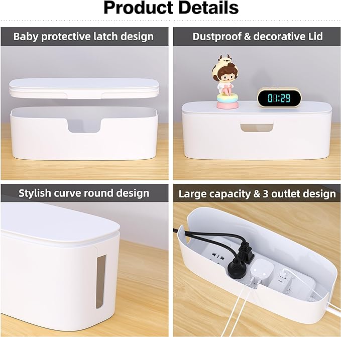 Cable Management Box - Large Cord Organizer Box to Hide Power Strip & Under Desk, TV Computer Wires Cable Organizer Box with Baby Proofs, Desk Cord Organizer for Home/Office - White