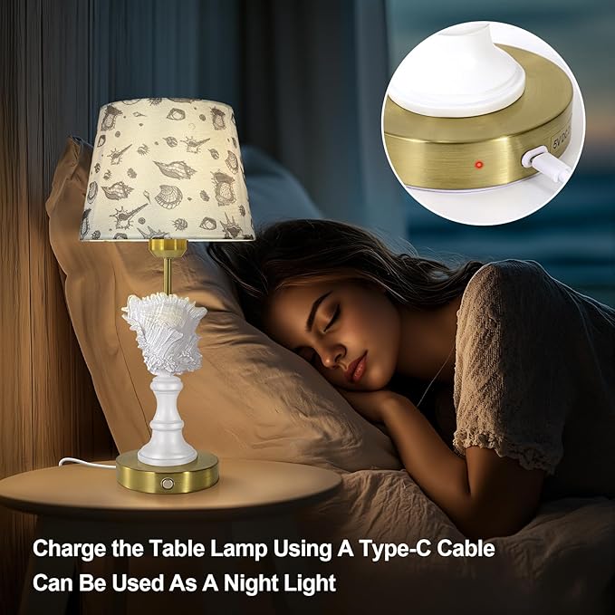 Conch Shell Rechargeable Lamp, Cordless Lamps, 4400mAh Battery Powered Lights, Night Light, Linen Shade, Touch Switch,Wireless Lamp for Nightstand, Home, Office, Room Decor(Bulb Included)