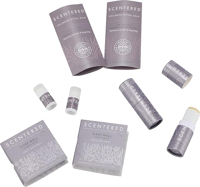 Scentered Sleep Well Aromatherapy Essential Oils Balm Saver Bundle - 2 x 5g Balms & 2 x Mini Travel Balms - for Restful Sleep - Natural Blend of Lavender, Chamomile, Ylang Ylang