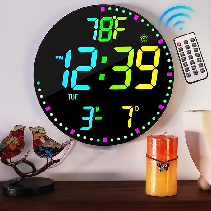 Kasbin 12 Inch Large Digital Wall Clock with Remote Control, RGB Color, Alarm, Timer, Date, Temperature, LED Display for Classroom, Living Room, Bedroom, Gift for Elderly (Black Mirror, 12")