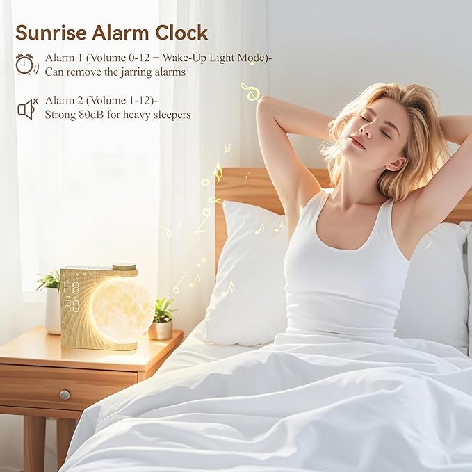 Rotating Moonlight Alarm Clock for Heavy Sleepers - Sunrise Simulation Wake-Up Light, Snooze, 10 Light Effects, 30/60/90 Timer, 10 Nature Sounds & 15 Ringtones,12 Volume- Bedroom Lamp for Kids Adults