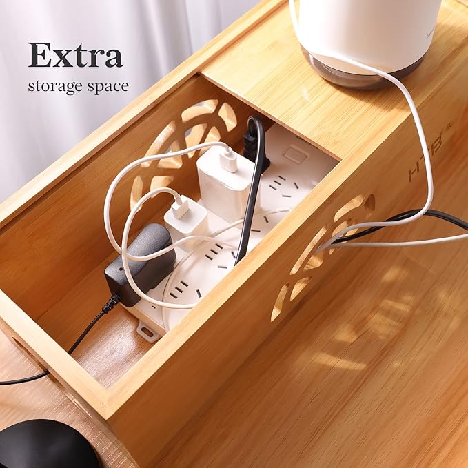 Cable Management Box Set of 2 by HTB, Large & Small Bamboo Cord Organizer Box to Hide Wires & Power Strips | Desk Computer Cable Management Box | Cable Storage | Cord Box Hider for Home & Office