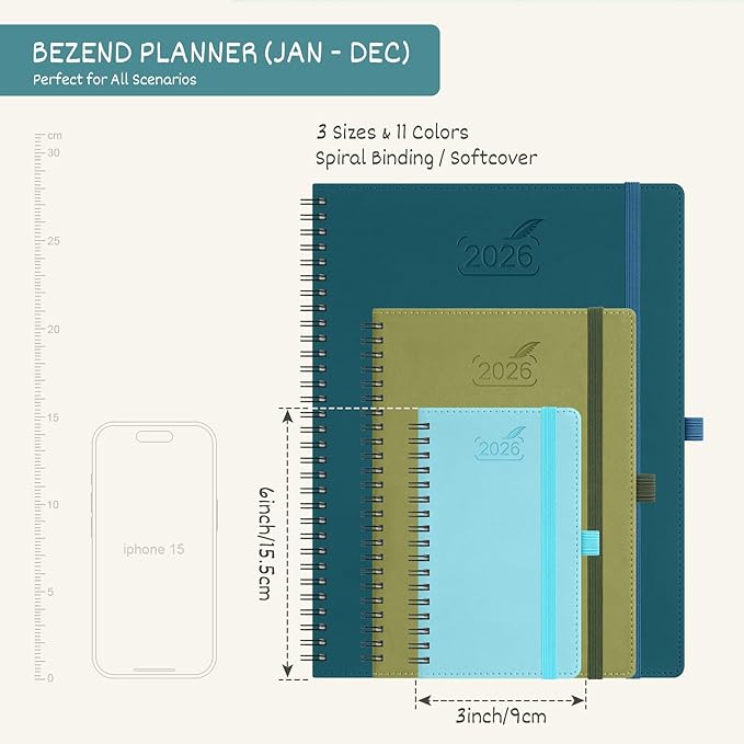 BEZEND Pocket Calendar 2026 Weekly and Monthly (3.5" x 6" Spiral) Small Daily Planner for Purse (Jan-Dec) with Notes & Expenses, Inner Pocket, Pen Holder, Vegan Leather Softcover - Kiwi