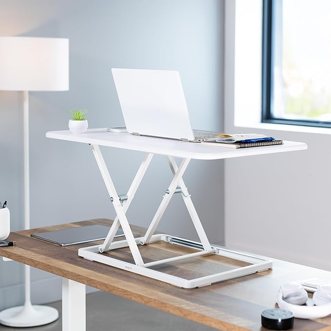 VIVO Ultra-Slim 32 Inch Single Top Height Adjustable Standing Desk Riser, Compact Sit Stand Desktop Converter for Monitor or Laptop, White, DESK-V032JW