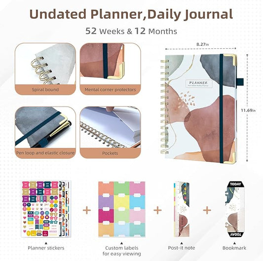 Ospelelf Daily Calendar Planner Undated Spiral Binding Weekly Monthly Hardcover Planners with Stickers 12 Months Productivity Agenda Journey Letter Size Brown