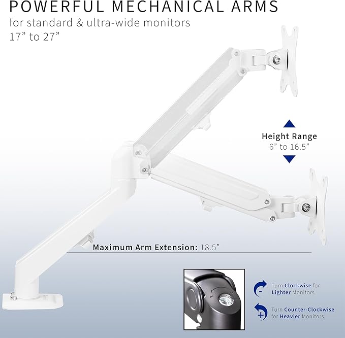 VIVO Aluminum Articulating Dual Monitor Arm for 17 to 27 inch Screens, Desk Mount Tension Spring Monitor Stand for 2 Screens, White, STAND-V102OW