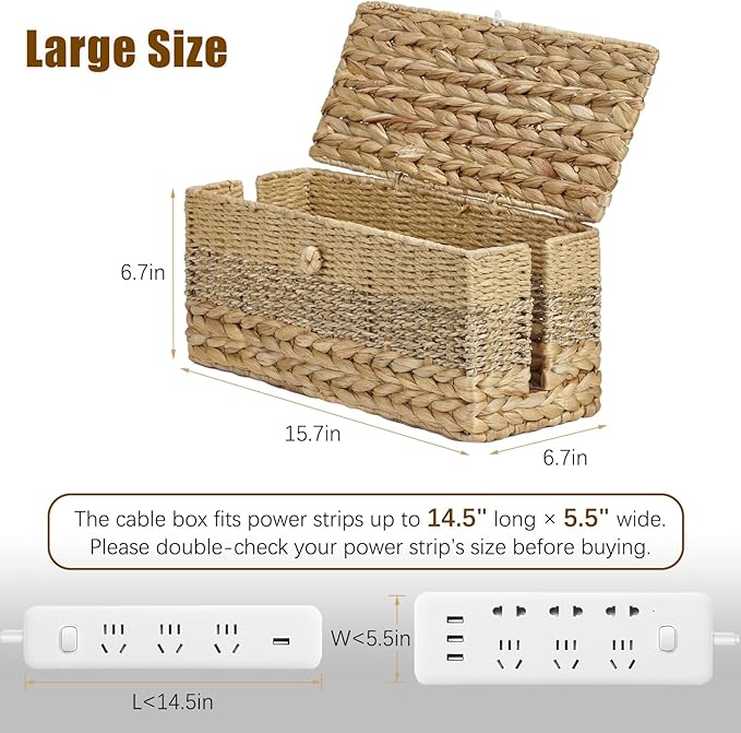 Cable Organizer Box Handmade Wicker Rattan Cable Management Box Adapter Power Strips Outlet Router Cord Hider Cover Under Desk Electrical Wire Storage Organizer with Lid (Natural, Large)