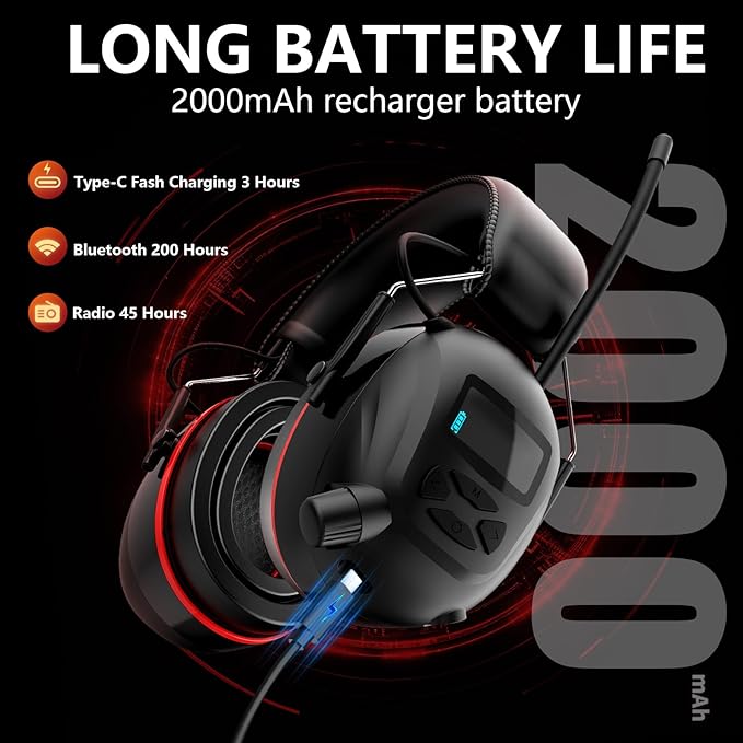 Bluetooth 5.4 Hearing Protection AM FM Radio Headphones with Digital Display, 30 SNR Noise Reduction Safety Earmuffs with Rechargeable 2000 mAh Large Battery, Ear Protector for Mowing Lawn Work