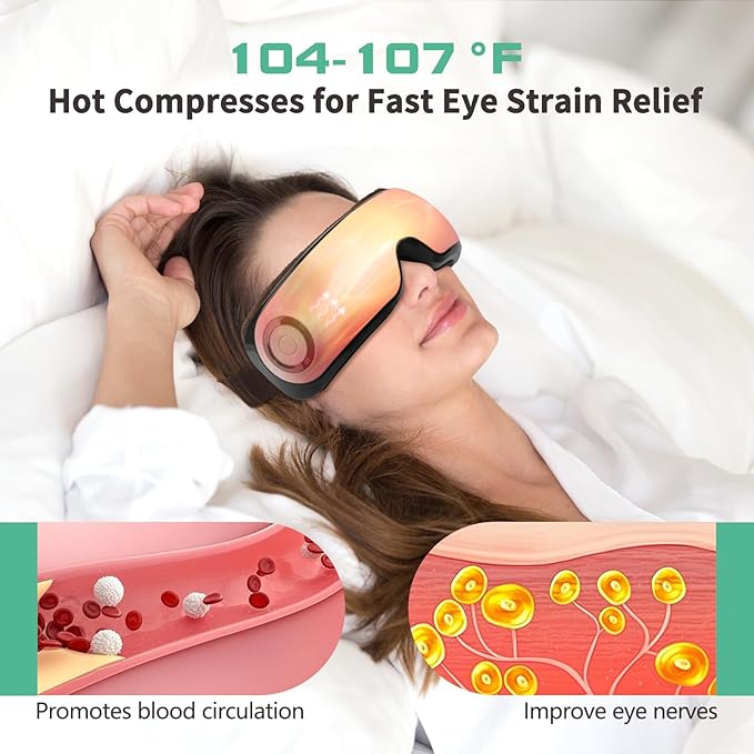 Heated Eye Massager with Music & Compression, Eye Mask for Migraines, Dry Eyes & Dark Circles Relief, Sleep Improvement, Portable Massager for Women & Men