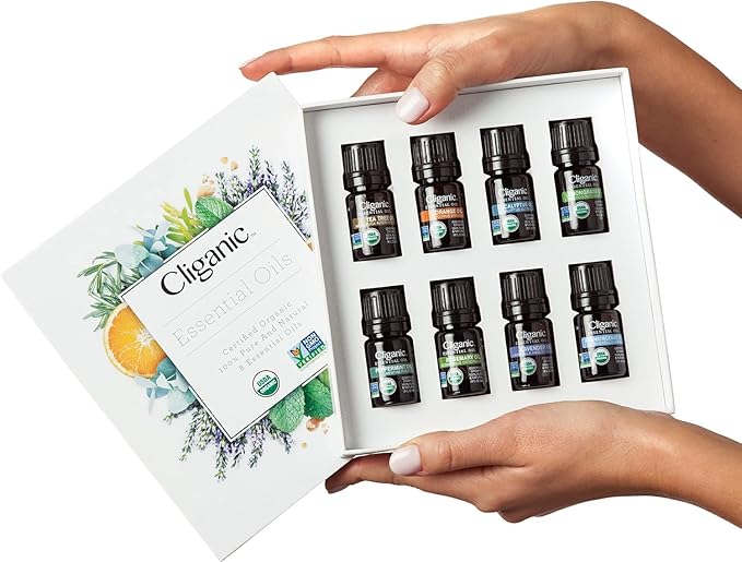 Cliganic Organic Aromatherapy Essential Oils Gift Set (Top 8), 100% Pure - Peppermint, Lavender, Eucalyptus, Tea Tree, Lemongrass, Rosemary, Frankincense & Orange