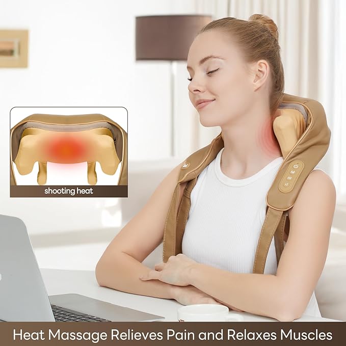 Neck Massager for Pain Relief Deep Tissue with Heat -Cordless Shiatsu 6D Kneading Massage for Neck,Shoulder,Gifts for Mom/Dad(PU-Yellow Brown)