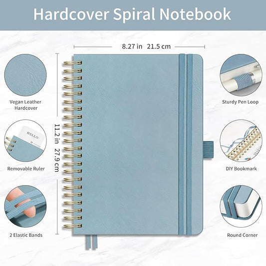 EMSHOI Bullet Dotted Journal Spiral Notebook - 300 Pages, A4 Hardcover Leather, 100 GSM Thick Dot Grid Notebook for Women Men Work Writing, Bullet Journaling, Drawing, 8.27" x 11.2", Gray Blue