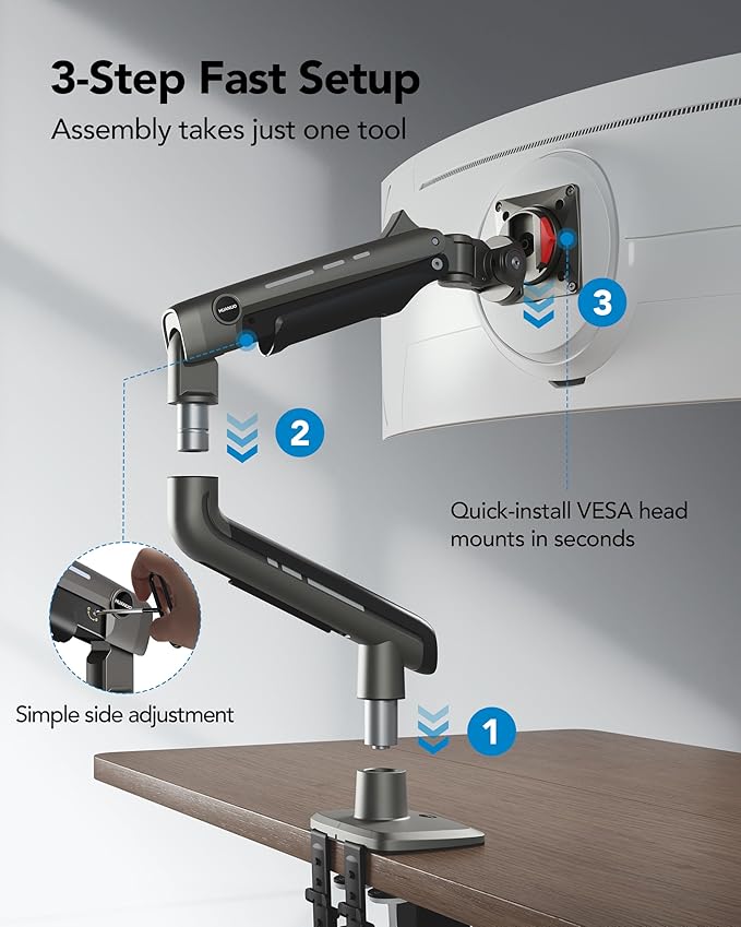 HUANUO Heavy Duty Monitor Arm for Ultrawide Screens up to 49", Holds 40 lbs,Aluminum Ultrawide Screen Desk Mount,Fully Adjustable Single Monitor Mount with C-clamp, Grommet Base, Max VESA 100x100