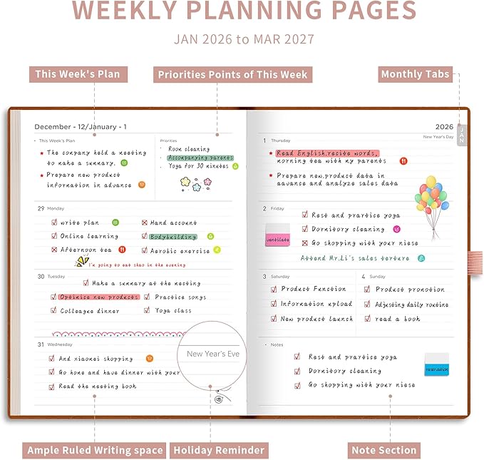 AHGXG 2026 Planner, Weekly and Monthly Planner 2026-2027, Large A4 8.5"x11", Calendar 15-Months Jan 2026 - Mar 2027, Vegan Leather SoftCover, Inner Pocket, Rose Gold