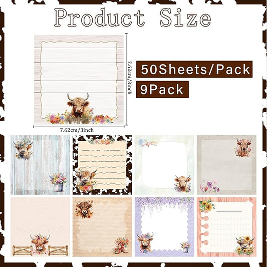 Highland Cow Sticky Notes Set - Lovarywow 9 Pack Highland Cow Sticky Notepad Cute Animals Sticky Notes 3"X3" Adhesive Post Memo Pad Gifts Office Home Cow Print School Supplies 450 Sheets