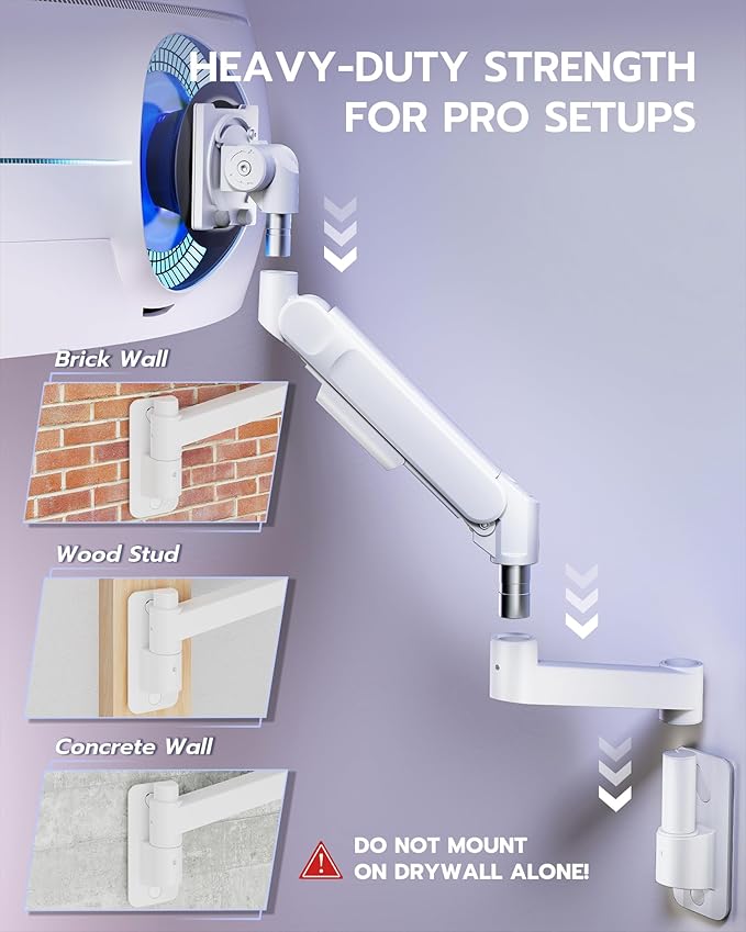 ARES WING Monitor Wall Mount for 24-57 Inch Ultrawide Gaming Screens, Premium Heavy Duty Monitor Arm Holds 60 lbs, Full Motion Gas Spring, Bearing Head for Easy Adjustment, 75/100 VESA Mount, White