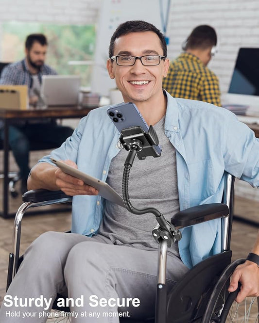 Gooseneck Phone Holder for Wheelchair, Stroller, Golf Cart, Boat, Mic Stand, Indoor Cycling Bike, Gym Bicycle Handlebar Clamp, Compatible with iPhone 16 Pro Max/15/14/13/12, Android and All Smartphone