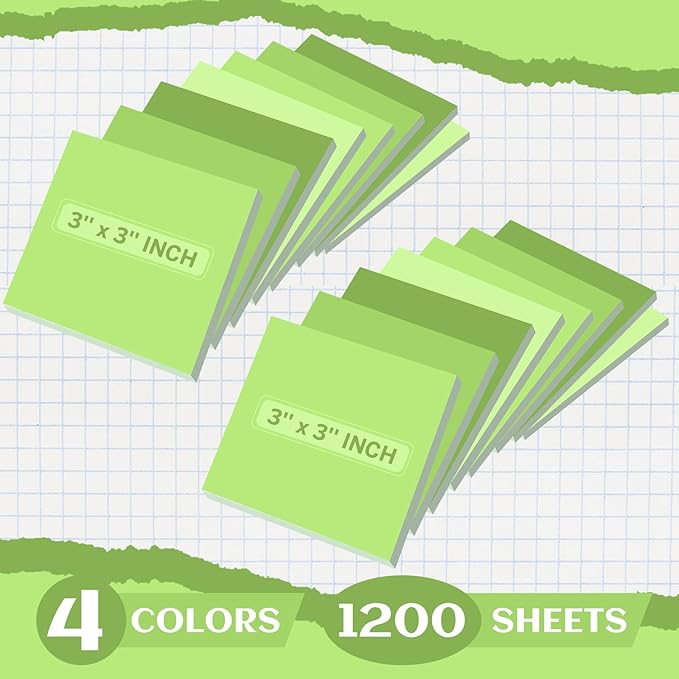 24 Pads Sticky Notes 3x3 Inch Self Stick Bright Color Sticky Note Sticking Posted Notes for School Office Classroom Meeting Home Teacher Supplies, 50 Sheets/pad(Gradient Green)