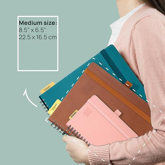 POPRUN Planner 2025-2026 (Medium - 6.5'' x 8.5'') Academic Weekly Calendar (July 2025 - June 2026) with Hourly Time Slots, Monthly Tabs, 100GSM Thick Papers, Spiral Leather Cover - Brown