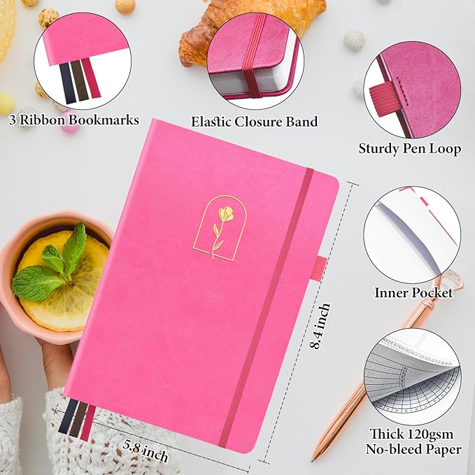 Premade Bullet Style Notebook with Undated Weekly & Monthly Planner, Dotted Journal with Pre-made Bullet Planner Stencils, Dot Grid Journaling with Habits & Mood Tracker, 12 Month Organization, A5