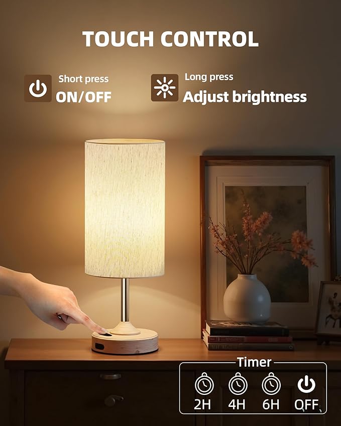 Bedside Table Lamp, Cordless, Dimmable, Touch, Timer, 2700K, Bedroom, Portable, LED, Wireless, Rechargeable, Battery Operated, Desk Lamp, Fabric Shade, Wood-Grain Finish, Living Room, Dining Room