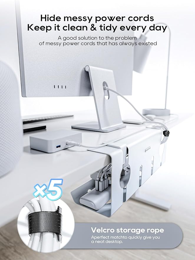 NODOCA No Drill Under Desk Cable Management Tray, 17'' Wire Management, Punch-Free Clamp on, Metal Cable Tray, Wire Organizer Under Desk, Under Desk Basket for Office and Home, White(2 Packs)