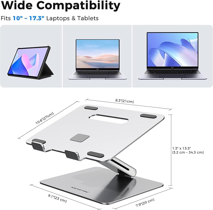 AboveTEK Laptop Stand, Adjustable Portable Computer Riser, Ergonomic Aluminum Notebook Desktop Holder for Desk, Compatible with MacBook Pro, Air, HP, Fits Up to 17 Inch Laptops, Silver