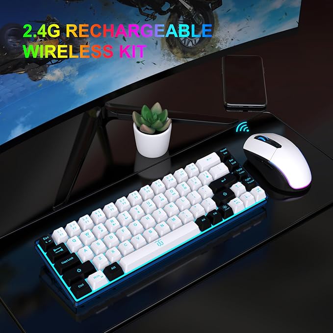 Snpurdiri 60% Wireless Gaming Keyboard and Mouse Combo,Ice Blue Backlit Rechargeable 2000mAh Battery,Mini Mechanical Feel Anti-ghosting Keyboard + Popular RGB Mice for Gaming, Office(White-Black)