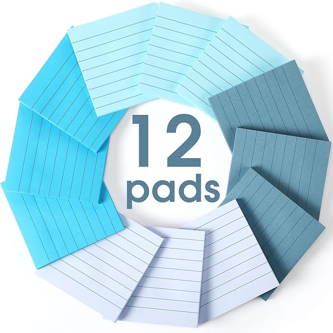 12 Pack Blue Lined Sticky Notes 3x3 inch Post Ruled Stickies Super Self Stick Power Memo Pads Multi Colors Notes Pads Vintage Aesthetic School Office Supplies Accessories