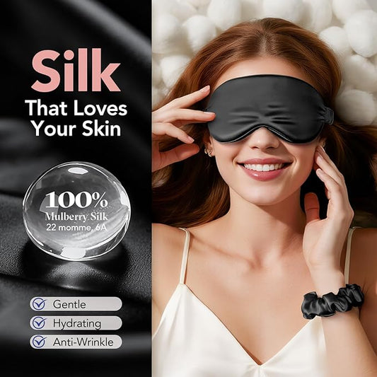 LitBear 100% Pure Silk Sleep Mask, 22 Momme 6A Mulberry Silk Fabric and Filling, Total Light Blocking Eye Mask Sleeping for Women, Men, Side Sleepers, Includes Travel Pouch and Scrunchie