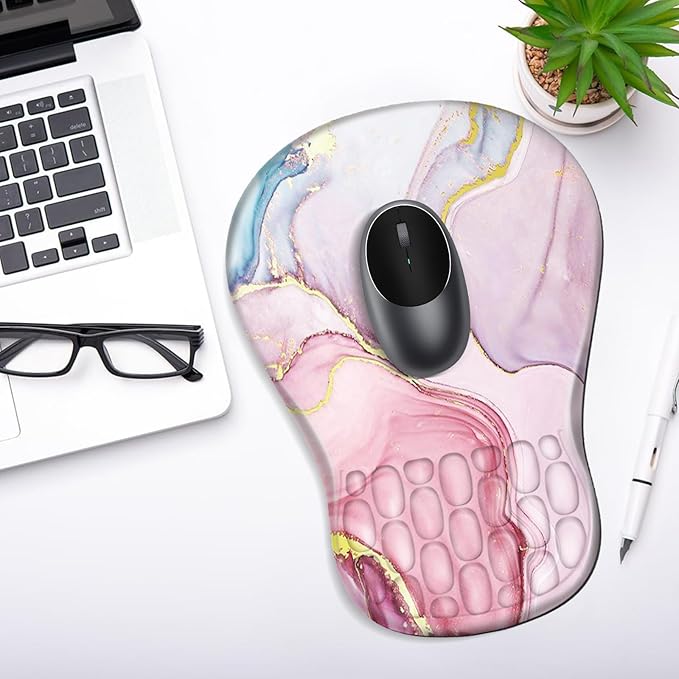 Ergonomic Mouse Pad with Wrist Rest Support, Mousepad with Comfortable Memory Foam Wrist Rest and Non-Slip PU Base for Pain Relief, Computer, Laptop, Office, Home (Pink Marble)