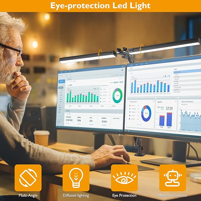 LED Desk Lamp with Clamp, Super Bright Double Head Task Light, 5 Color Modes, 10%~100% Dimmable Brightness, Modern Swing Arm Workbench Light