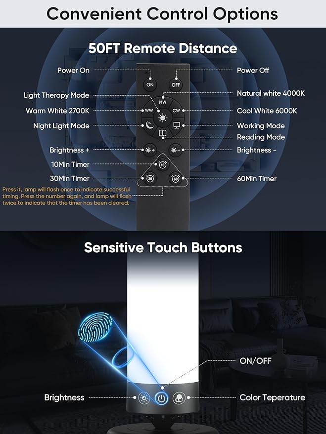 Light Therapy Lamp 15,000 Lux Happy Therapy Light with Remote, 2-in-1 Pedestal to Tabletop Lamp, Full Spectrum Daylight Lamp with Adjustable Color/Brightness/Timer, Memory Function, 36W
