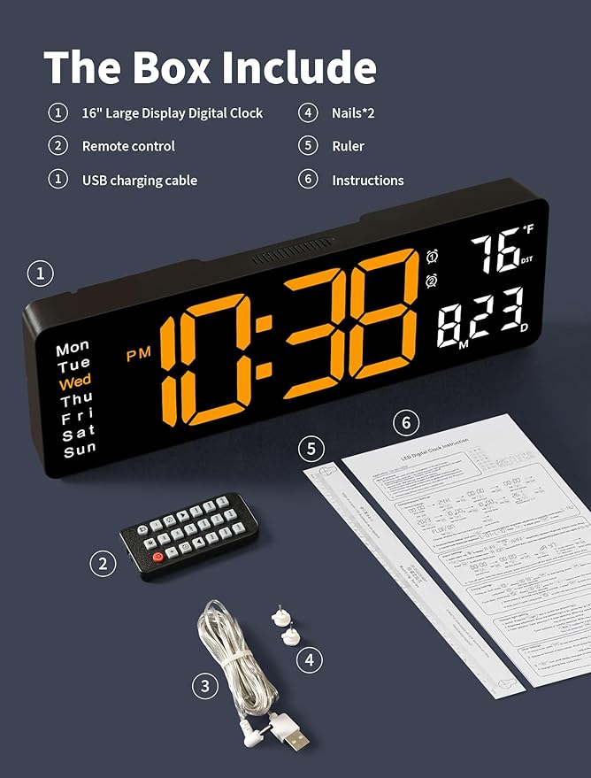 MASHI Digital Wall Clock, 16" Large Display Digital Clock with Remote Control, Auto-Dimming Wall Clock with Night Light, DST, Date Week,Temp for Living Room, Bedroom, Decor, Gift for Elderly